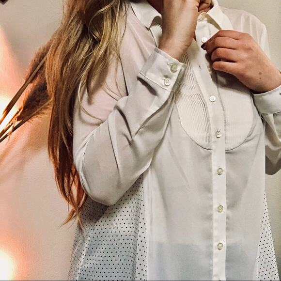 ANTHROPOLOGIE MAEVE White Black Polka Dot Long Sleeve Pleated Blouse Shirt Top 4 - Picture 3 of 7